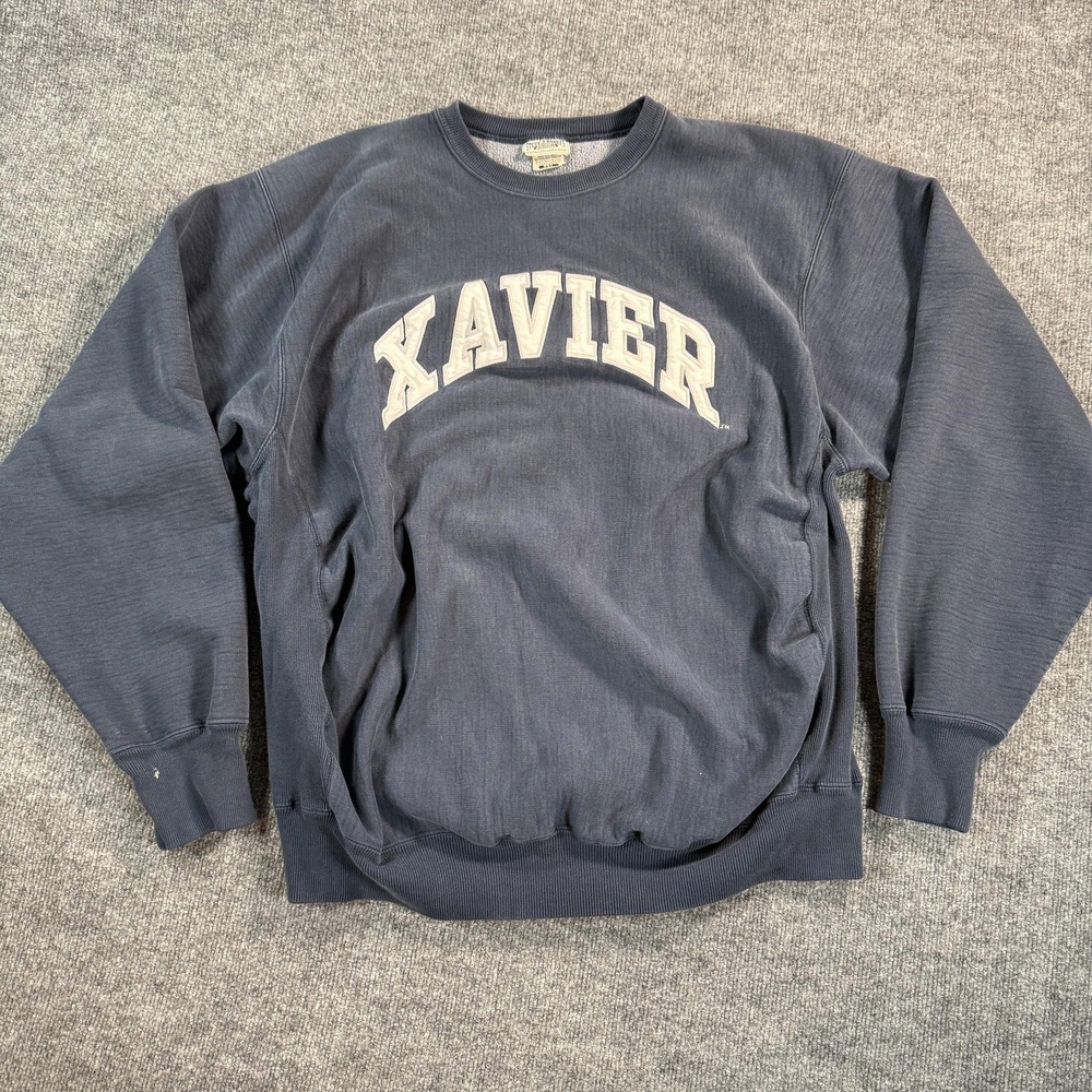 VINTAGE Xavier Musketeers Basketball Sweatshirt Mens Large Blue Heavyweight NCAA